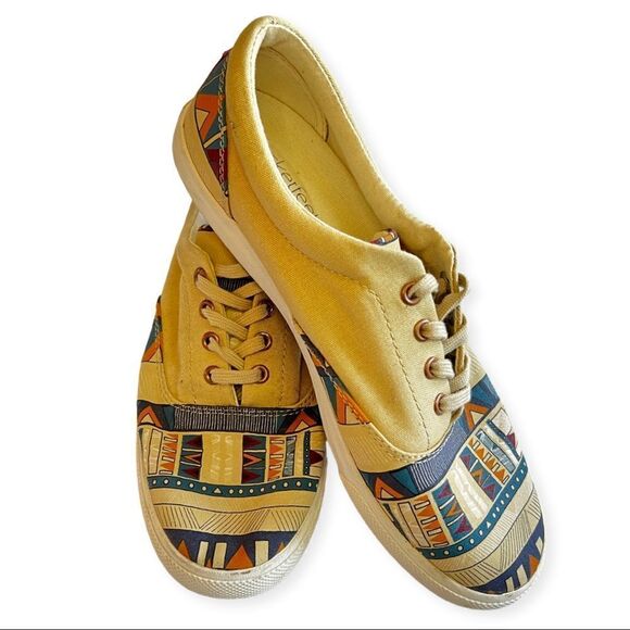 Bucket Feet Art Sneakers  Cream with Southwest Pattern Blue Mustard Size 8 - Picture 1 of 7